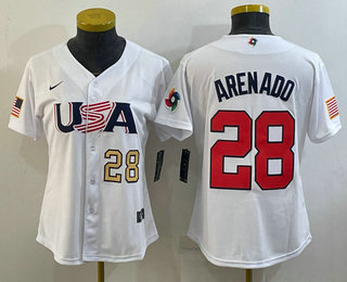 Women%27s USA Baseball #28 Nolan Arenado Number 2023 White World Classic Replica Stitched Jersey